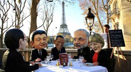 Activists wear masks depicting world leaders, including Prime Minister Narendra Modi, in Paris (2015)